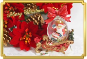 Christmas card of Santa Claus snow globe. サンタクロースのスノードームのクリスマスカード